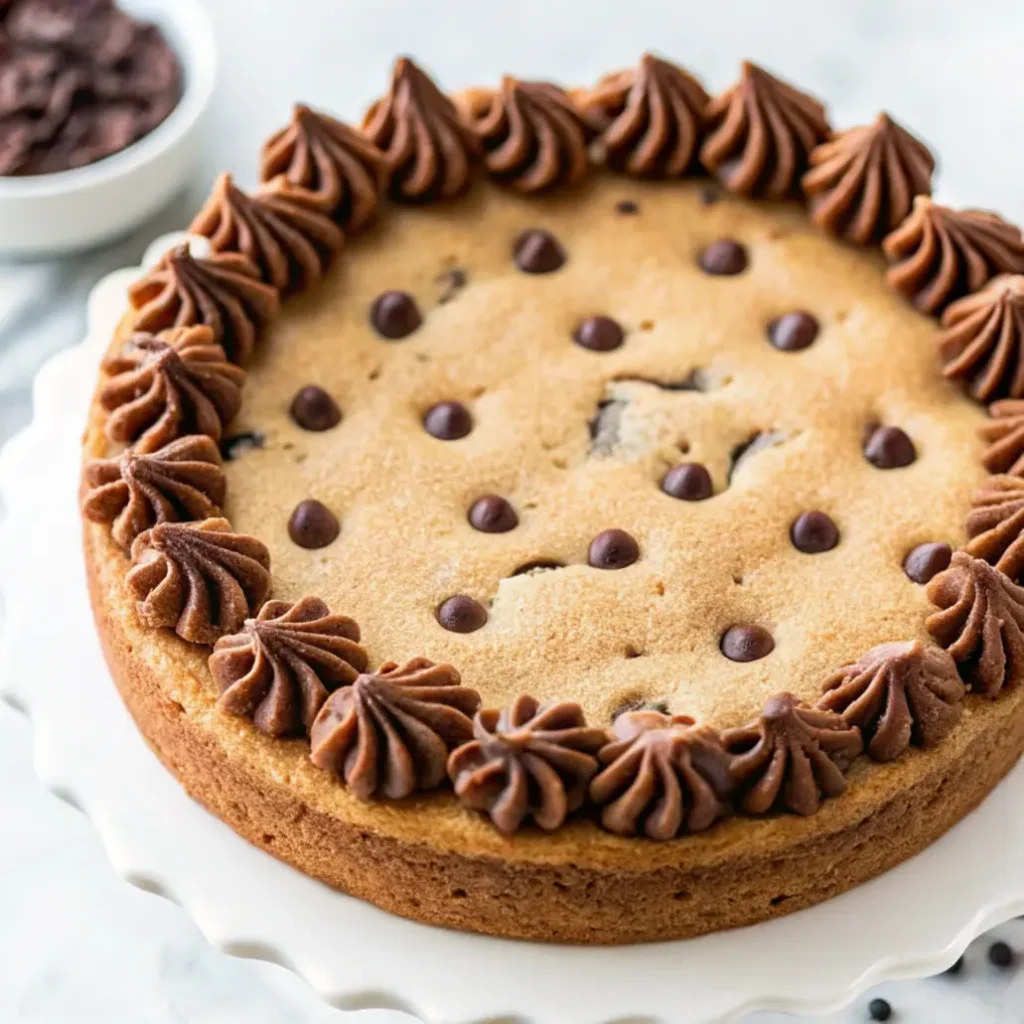 Chocolate Chip Cookie Cake – The Best Giant Cookie You’ll Ever Bake 4 Whole chocolate chip cookie cake topped with chocolate frosting swirls on a white cake stand