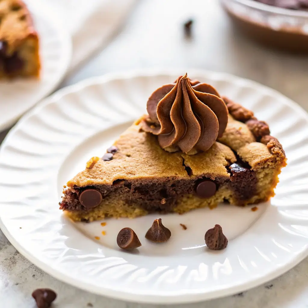 Chocolate Chip Cookie Cake – The Best Giant Cookie You’ll Ever Bake 6 A slice of chocolate chip cookie cake on a white plate with chocolate frosting on top