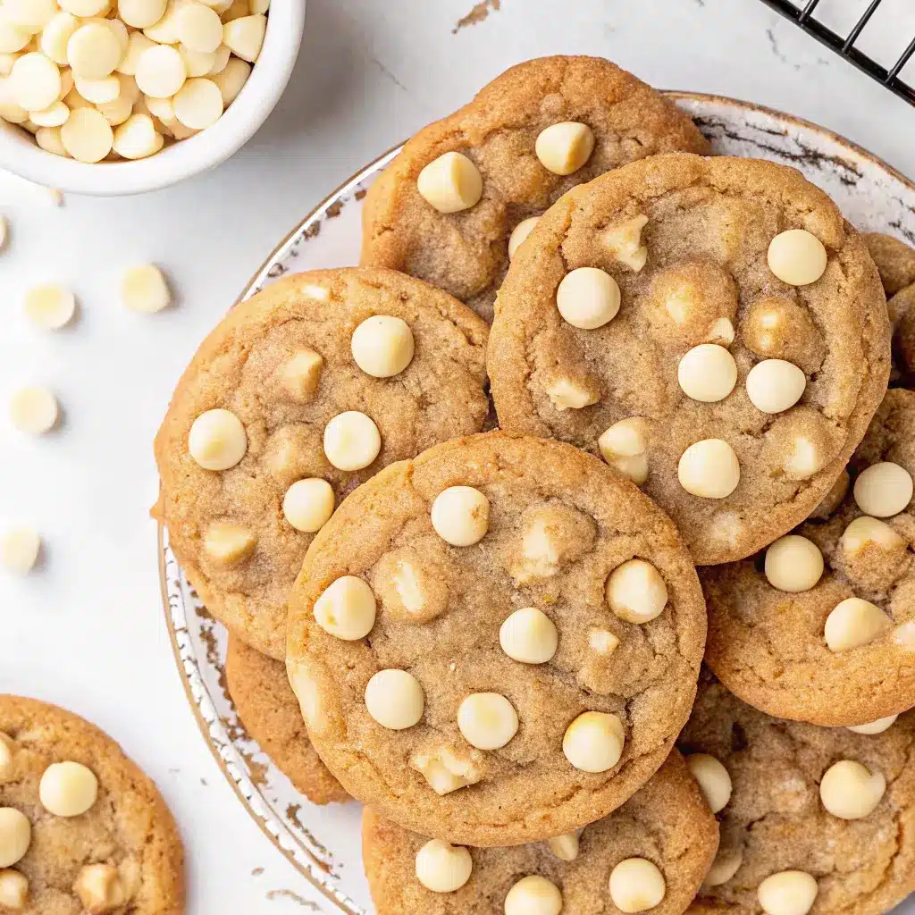 White Chocolate Chip Cookies – Soft, Chewy & Easy to Bake 6 Close-up of soft white chocolate chip cookies next to a glass of milk on a white paper background.