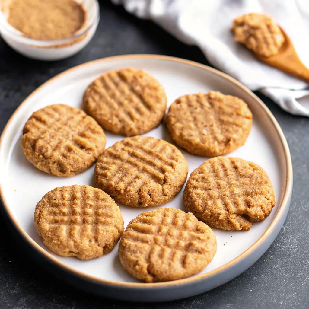 Peanut Butter Cookies That Melt in Your Mouth – Easy, Classic, and Delicious 1 Plate of 4-ingredient soft peanut butter cookies on dark background