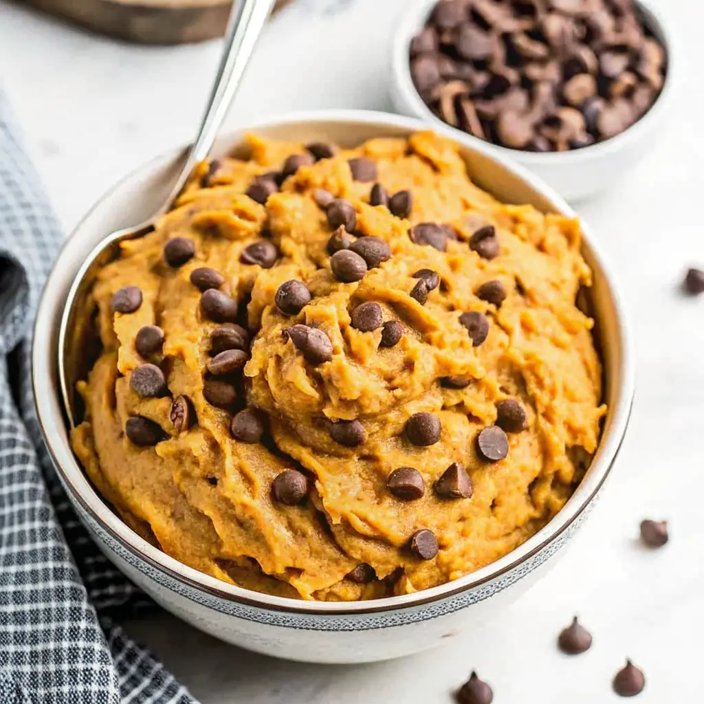 Chickpea Cookie Dough Recipe: Healthy, No-Bake, and Delicious 2 Overhead view of chickpea cookie dough with chocolate chips in a silver bowl