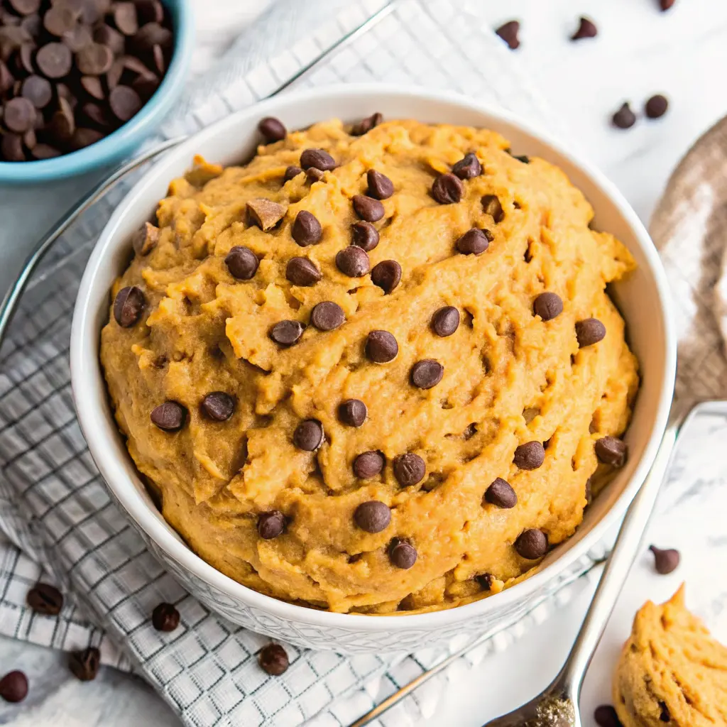 Chickpea Cookie Dough Recipe: Healthy, No-Bake, and Delicious 4 Chickpea cookie dough sprinkled with chocolate chips in a white bowl