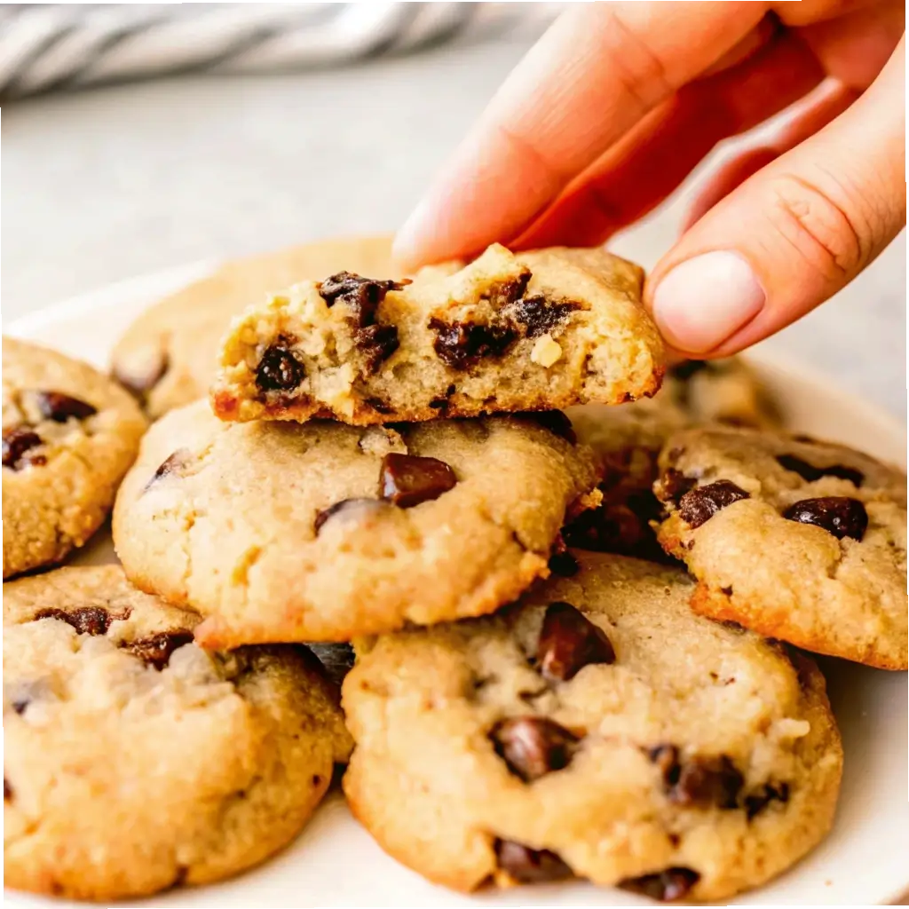 Chocolate Chip Protein Cookies: Soft, Healthy, And Packed With Flavor 1 Gooey chocolate chip protein cookie being held above a plate of cookies