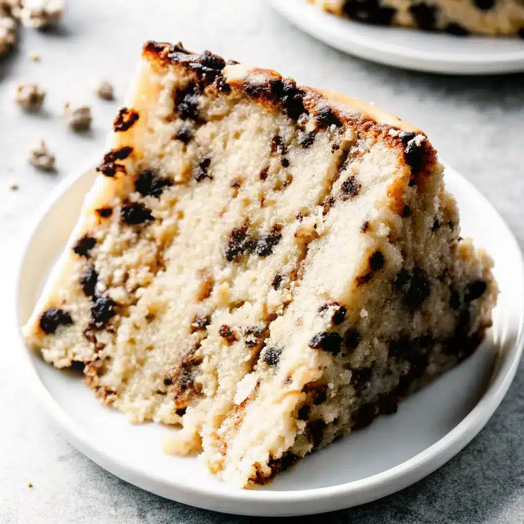 Cookie Dough Cake Recipe That Tastes Like Childhood Joy 6 Single slice of cookie dough vanilla cake on a white plate
