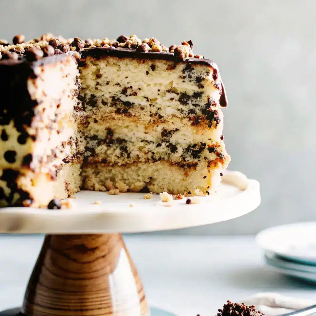 Cookie Dough Cake Recipe That Tastes Like Childhood Joy 2 Cross-section of vanilla cake with cookie dough and chocolate chips