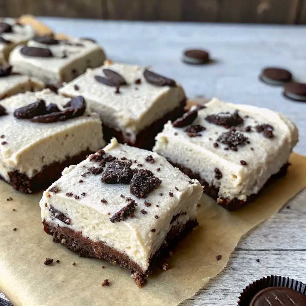 Cookies and Cream Protein Bar Recipe | Easy, Delicious, High-Protein Snack 4 Protein bars with cookies and cream topping and crushed chocolate cookies