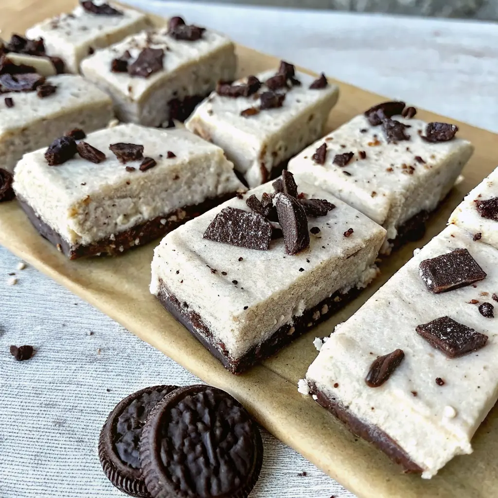 Cookies and Cream Protein Bar Recipe | Easy, Delicious, High-Protein Snack 6 Thick cookie protein bars with creamy layer and chocolate chunks