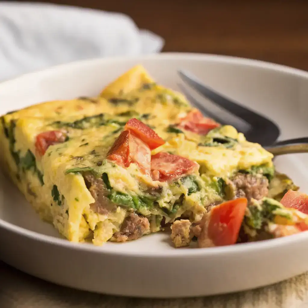 Egg and Cottage Cheese Bake: A Protein-Packed Breakfast Classic 4 Single slice of egg and cottage cheese bake on plate with tomatoes