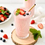 Cottage Cheese Smoothie: Easy, Creamy, High-Protein Drink 5 Berry smoothie with strawberries, blueberries, and mint in a pink glass