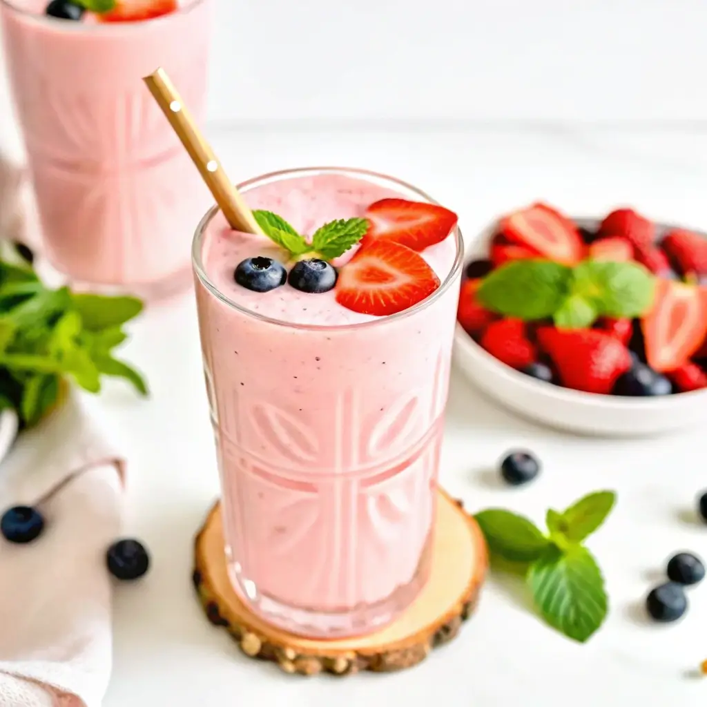 Cottage Cheese Smoothie: Easy, Creamy, High-Protein Drink 4 Pink cottage cheese smoothie with berries and mint on a wooden slice