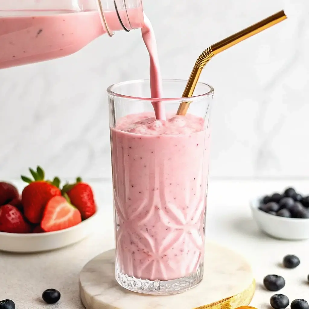 Cottage Cheese Smoothie: Easy, Creamy, High-Protein Drink 6 Pouring pink strawberry smoothie with cottage cheese into a tall glass