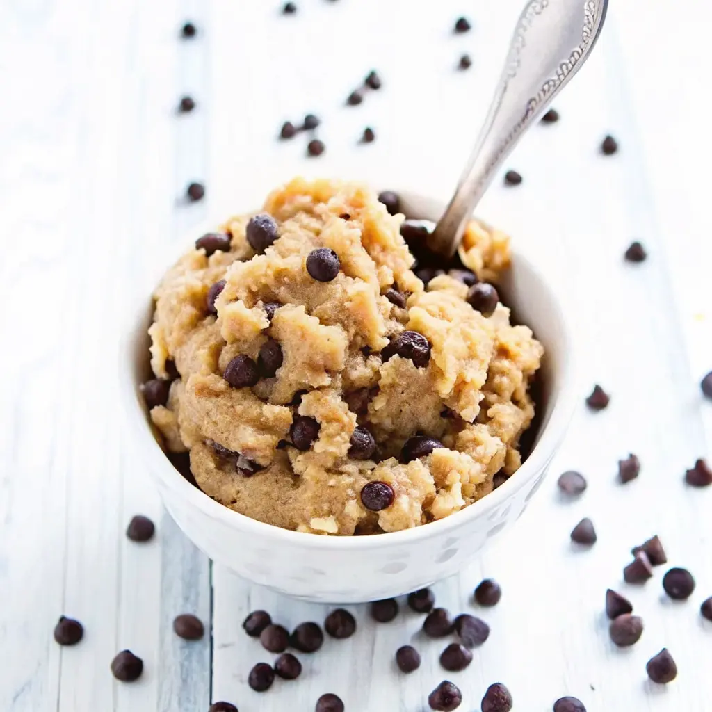 Is Eat Party Vegan Cookie Dough Chocolate Chip Keto? Everything You Need to Know 4 Bowl of edible keto cookie dough with mini chocolate chips and spoon
