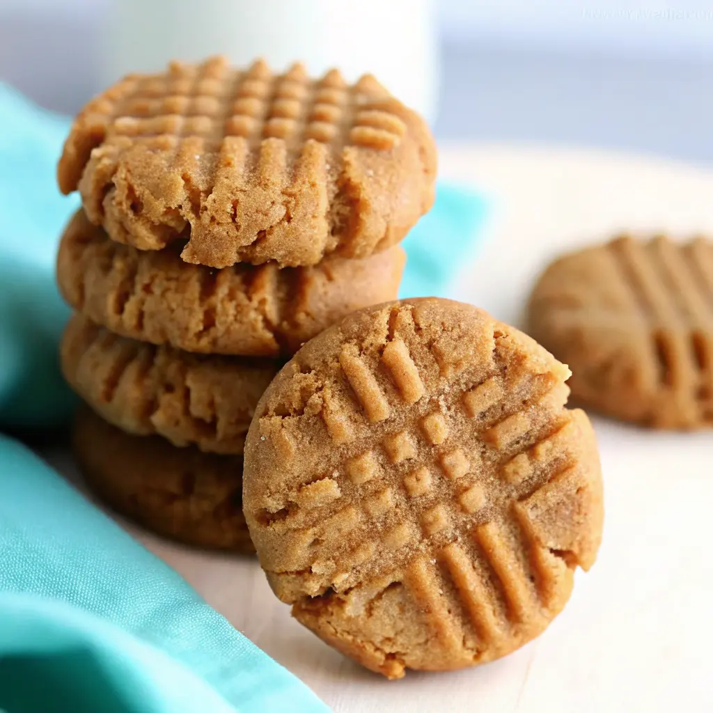 Keto Peanut Butter Cookies – Easy 3-Ingredient Low-Carb Recipe 4 Keto peanut butter cookies stacked with one leaning in front, on a teal cloth