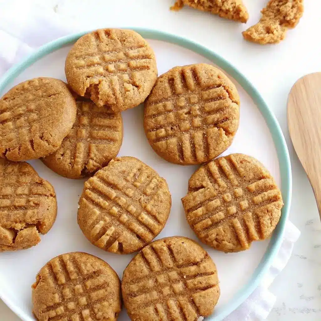 Keto Peanut Butter Cookies – Easy 3-Ingredient Low-Carb Recipe 6 Keto peanut butter cookies on a white plate with a blue rim