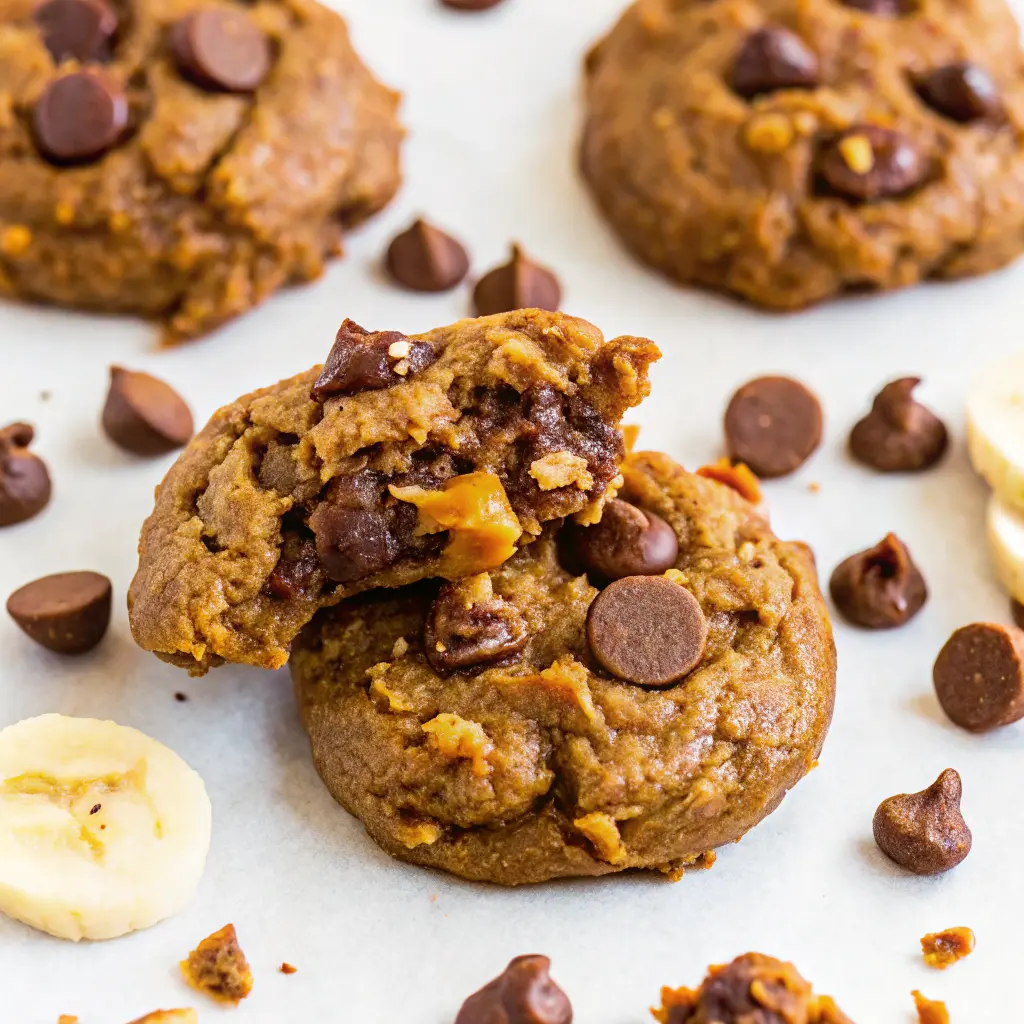 Peanut Butter Banana Cookies – Soft, Healthy, and Totally Satisfying 2 Banana peanut butter cookies stacked with gooey chocolate chips