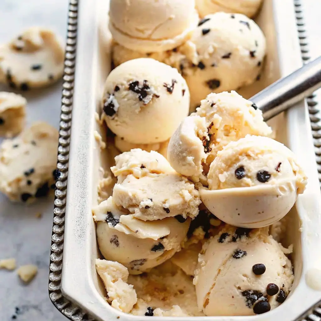 Chocolate Chip Cookie Dough Ice Cream: Safe, Fun, and Delicious 1 Scoops of chocolate chip cookie dough ice cream in a rectangular dish