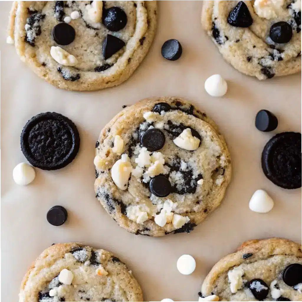Cookie and Cream Cookies Recipe: Easy, Soft & Addictive Treats 2 Cookie and cream cookies loaded with dark and white chocolate chips next to mini Oreos