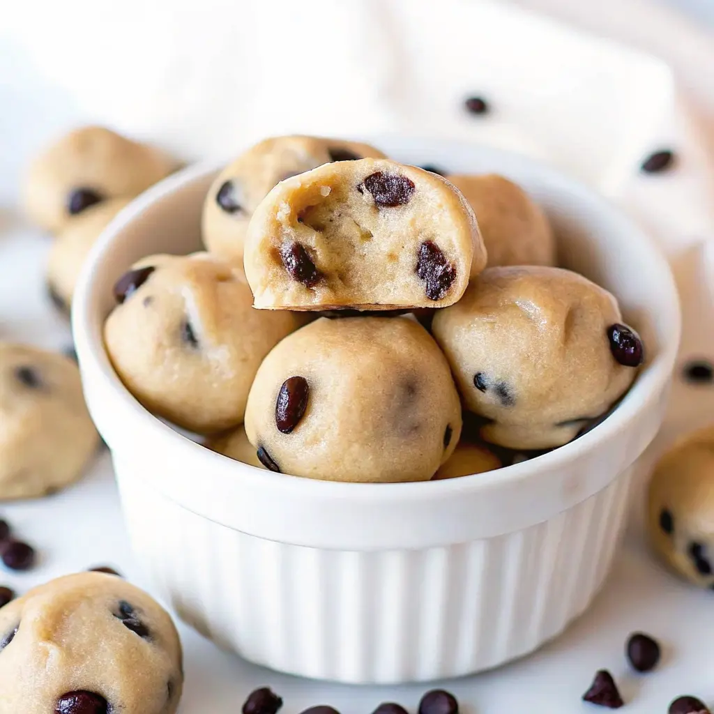 Cookie Dough Bites: Easy No-Bake Treat You Can Make at Home 4 Chocolate chip edible cookie dough balls in a white bowl, one with a bite taken out