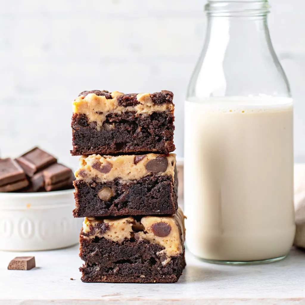 Cookie Dough Brownies: Easy Recipe for the Ultimate Dessert Lovers 6 Three chocolate chip cookie dough brownies stacked with milk in background
