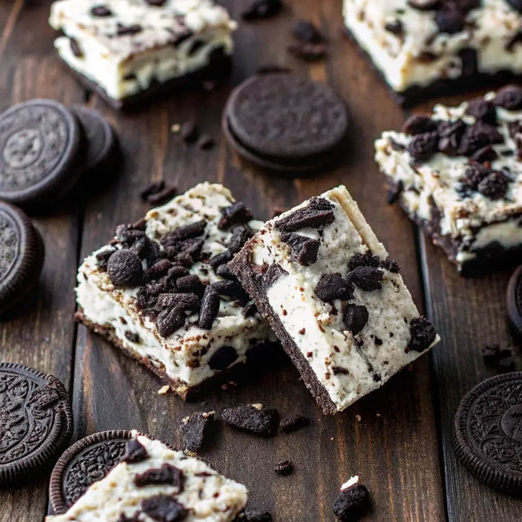 Cookies and Cream Bar Recipe Everyone Loves (Soft, Chewy & Loaded) 6 Oreo cookie and cream bars stacked on a wooden surface