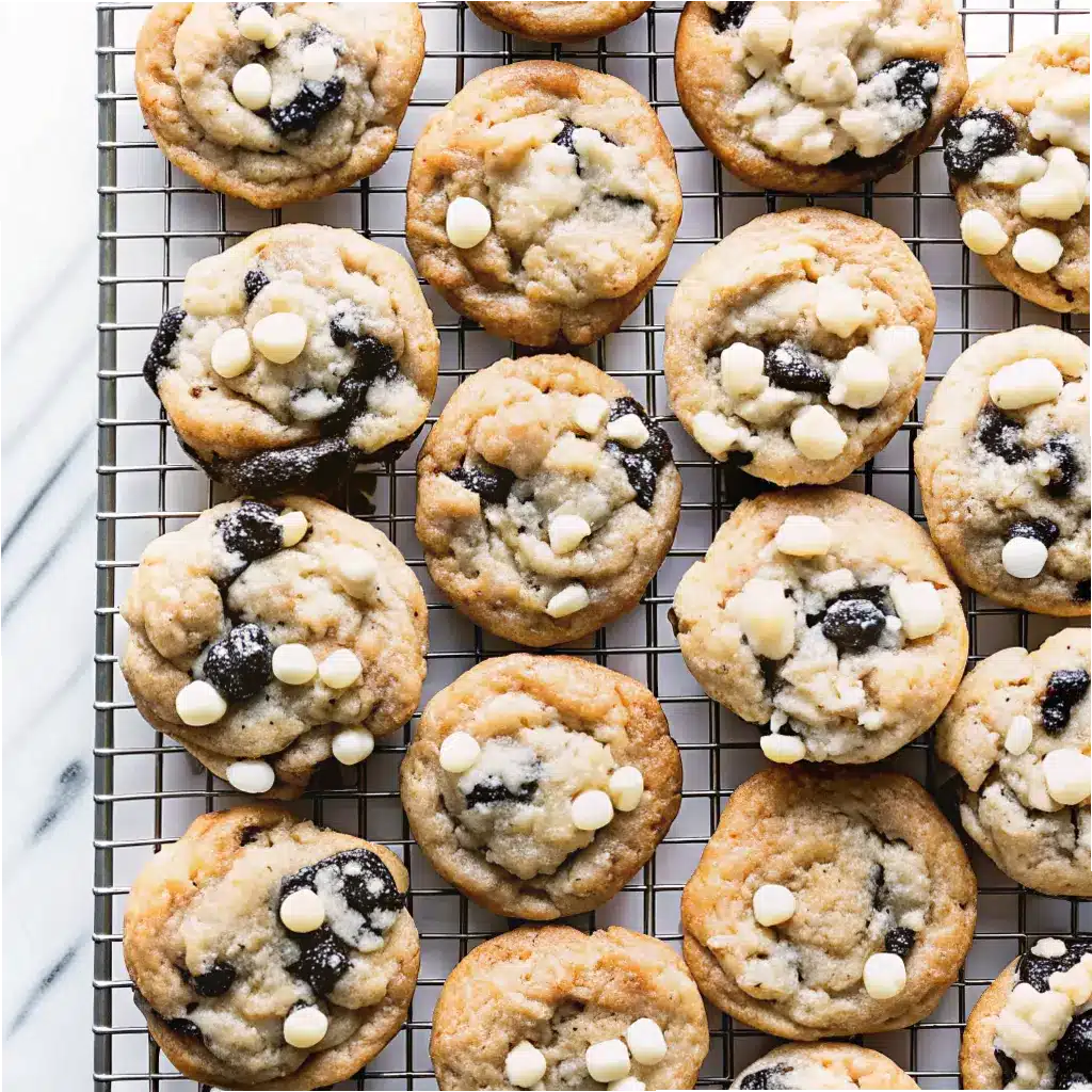 Cookie and Cream Cookies Recipe: Easy, Soft & Addictive Treats 6 Mini cookies and cream muffins cooling on a wire rack with white chocolate chunks
