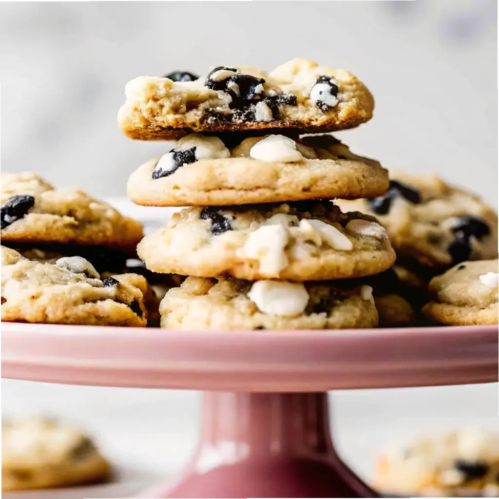 Cookie and Cream Cookies Recipe: Easy, Soft & Addictive Treats 4 Stack of cookies and cream cookies on a pink cake stand with white and dark chocolate chips