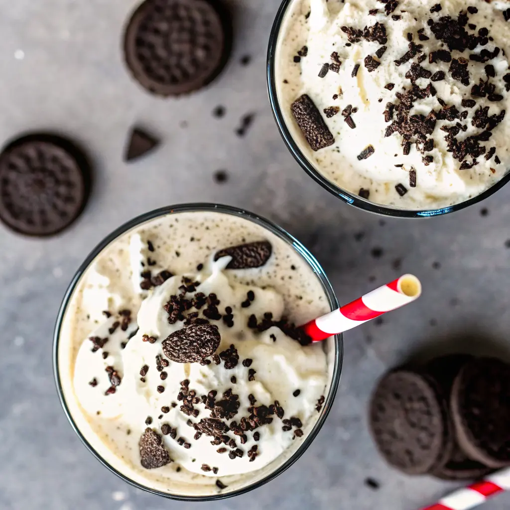 Cookies and Cream Protein Shake: The Creamy, Crave-Worthy Way to Boost Your Day 4 Overhead shot of cookies and cream shakes with whipped cream and Oreo crumbles