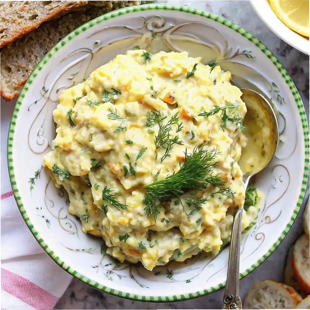Cottage Cheese Egg Salad: A Healthy, Creamy Twist You’ll Love 4 Cottage cheese egg salad in a green-rimmed bowl with a spoon