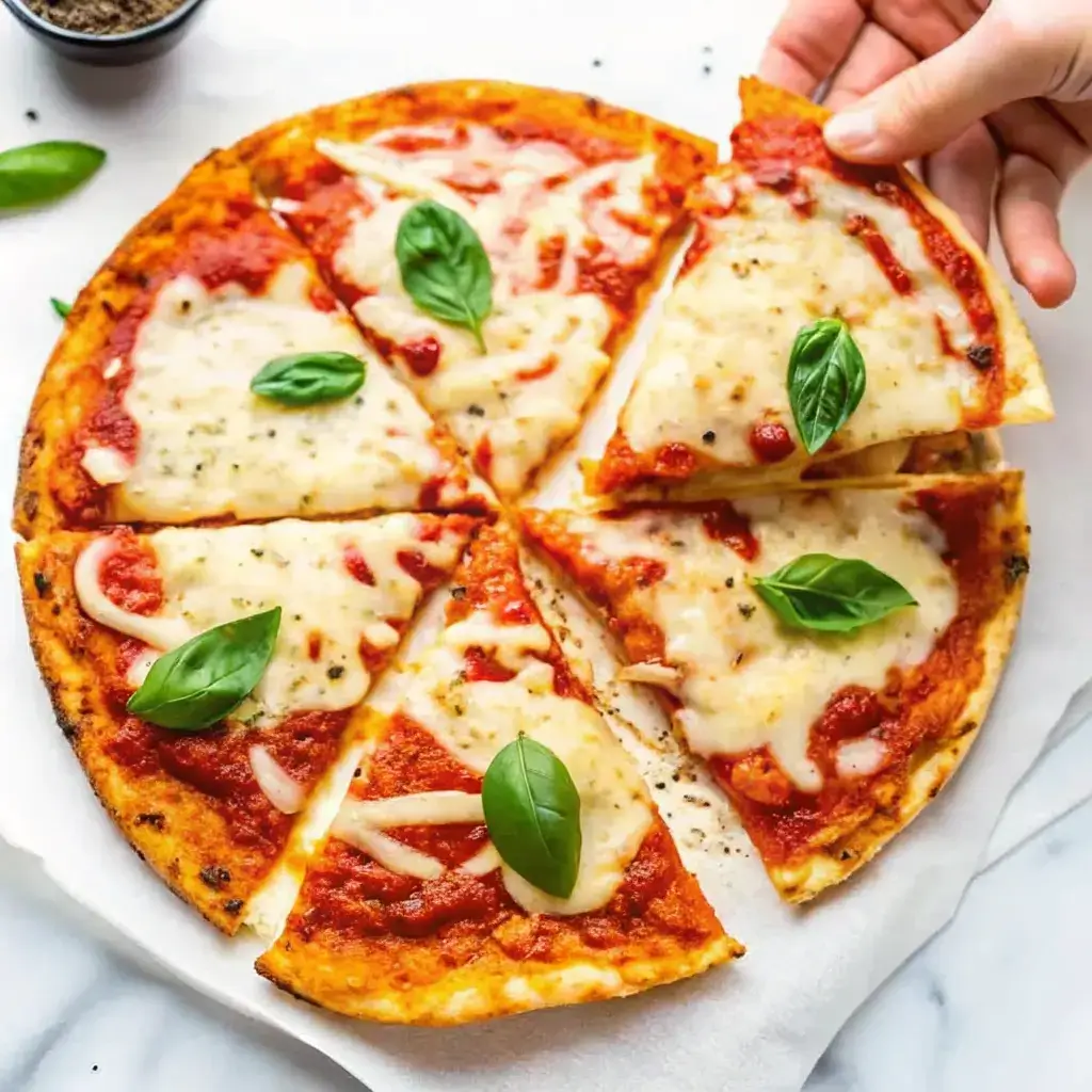 Cottage Cheese Pizza Crust: High-Protein Twist on Classic Crust 6 A hand lifting a slice of cottage cheese pizza with basil