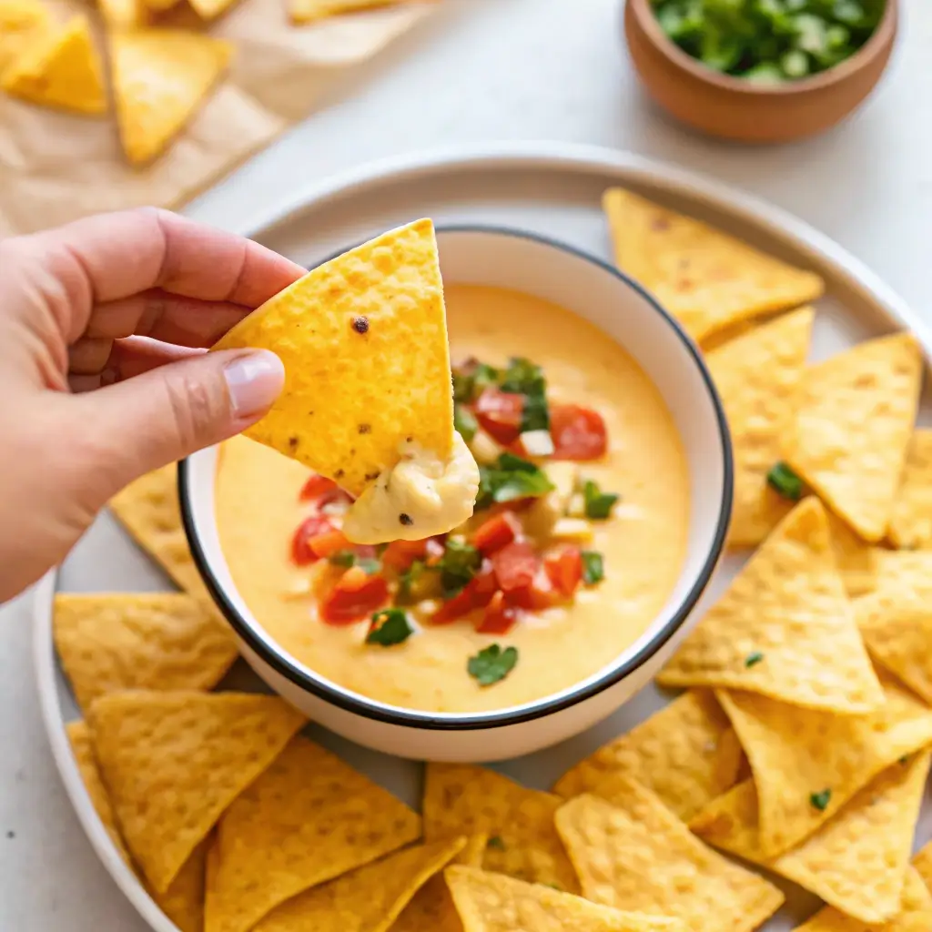 Cottage Cheese Queso: Creamy, High-Protein Dip You’ll Love 4 Hand dipping a tortilla chip into creamy cottage cheese queso with diced tomatoes and herbs