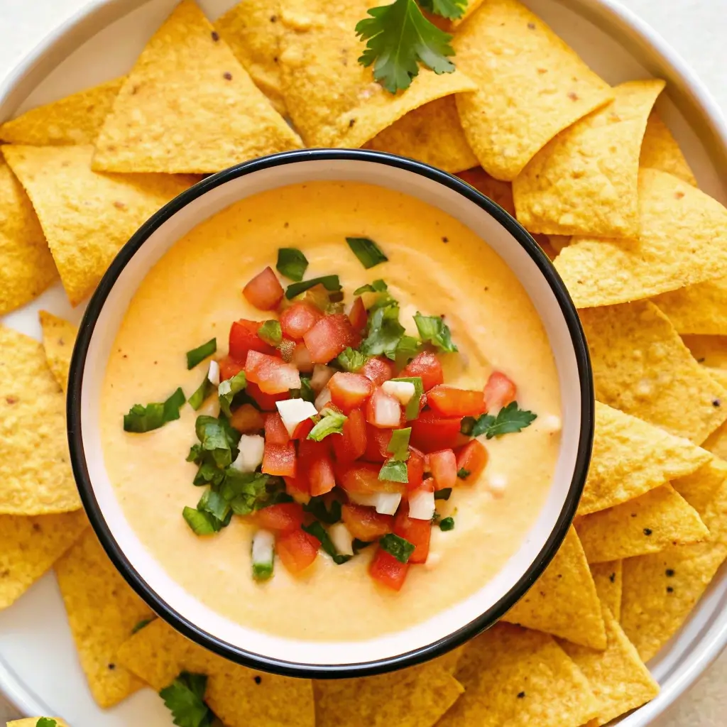 Cottage Cheese Queso: Creamy, High-Protein Dip You’ll Love 6 Overhead view of cottage cheese queso topped with tomatoes and jalapeños, surrounded by chips