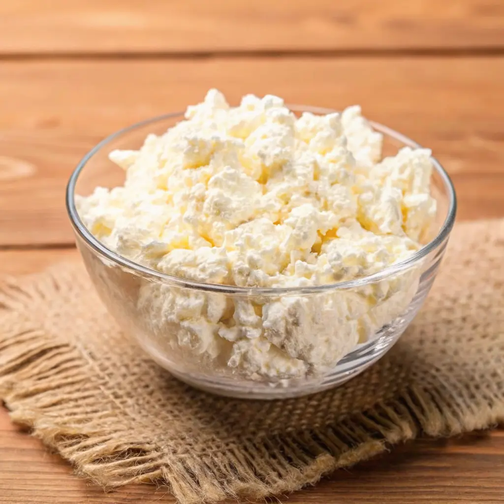 Low Fat Cottage Cheese: Healthy, Tasty & Full of Protein Benefits 4 Cottage cheese in a glass bowl on a burlap cloth