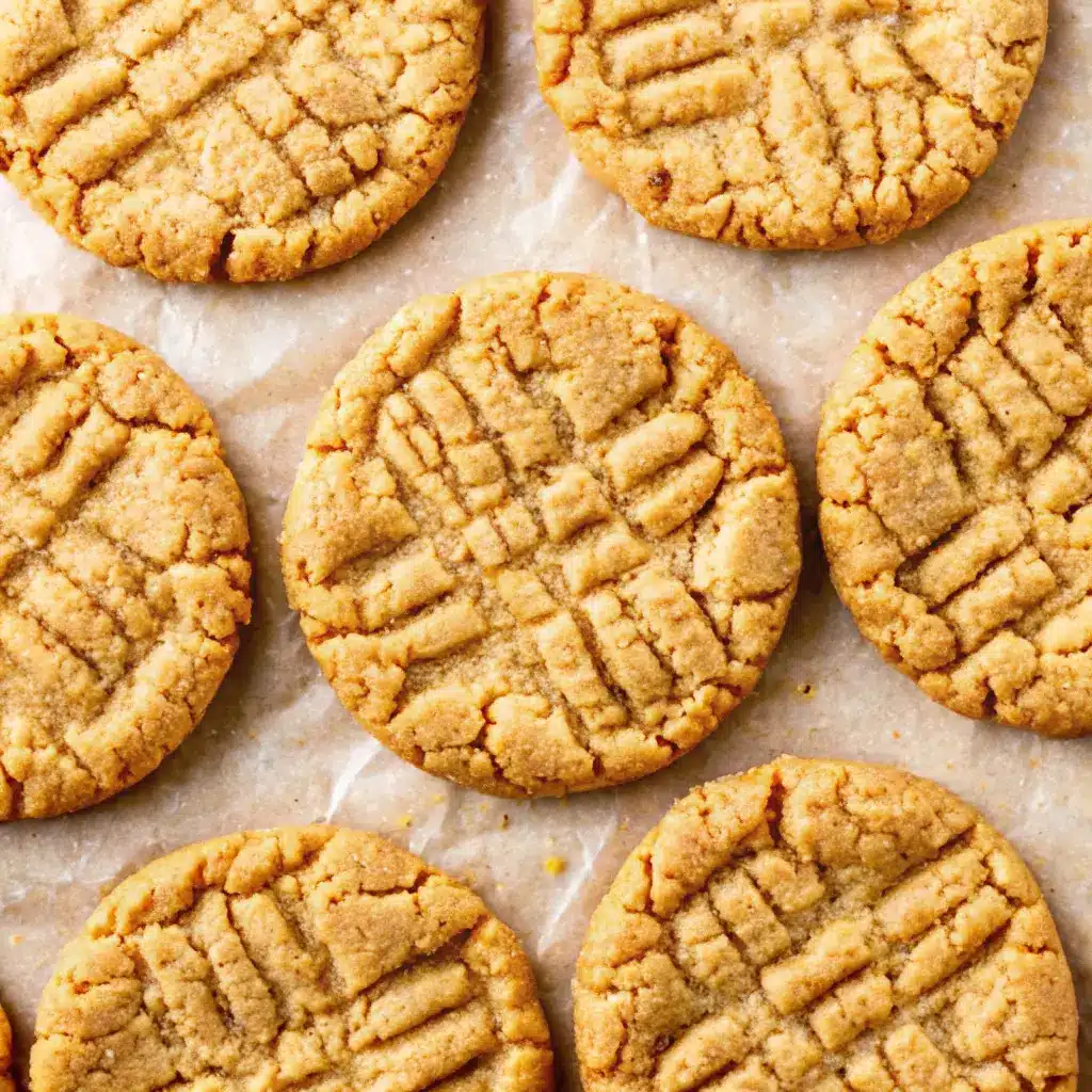 4 Ingredient Peanut Butter Cookies Anyone Can Make – Quick & Delicious 1 Stack of 4 ingredient peanut butter cookies with crisscross tops on parchment