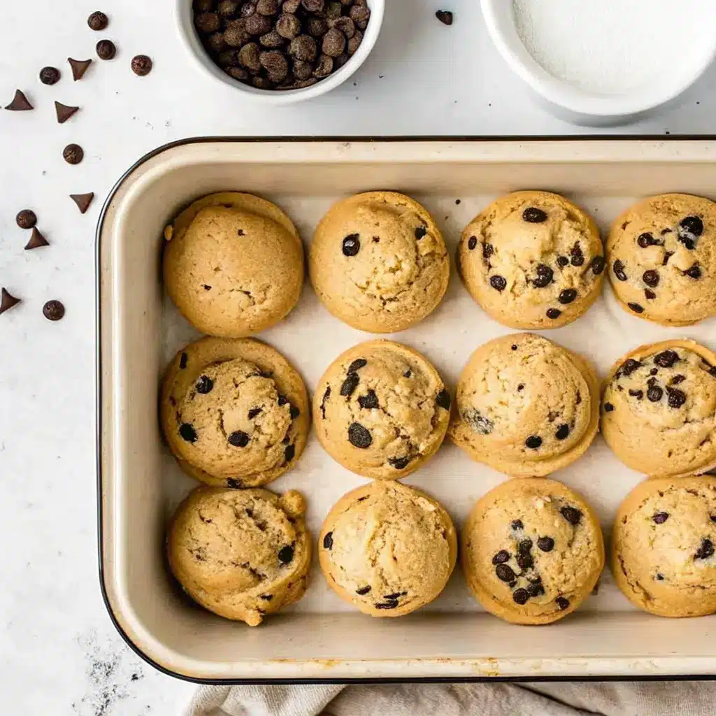 Gluten Free Cookie Dough – Easy, Safe, and Totally Delicious 6 Gluten-free chocolate chip cookie dough balls arranged in a baking tray