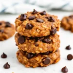 Peanut Butter and Banana Oatmeal Cookies That Are Soft & Healthy 5 Front view of chocolate chip peanut butter banana oatmeal cookies in a stack