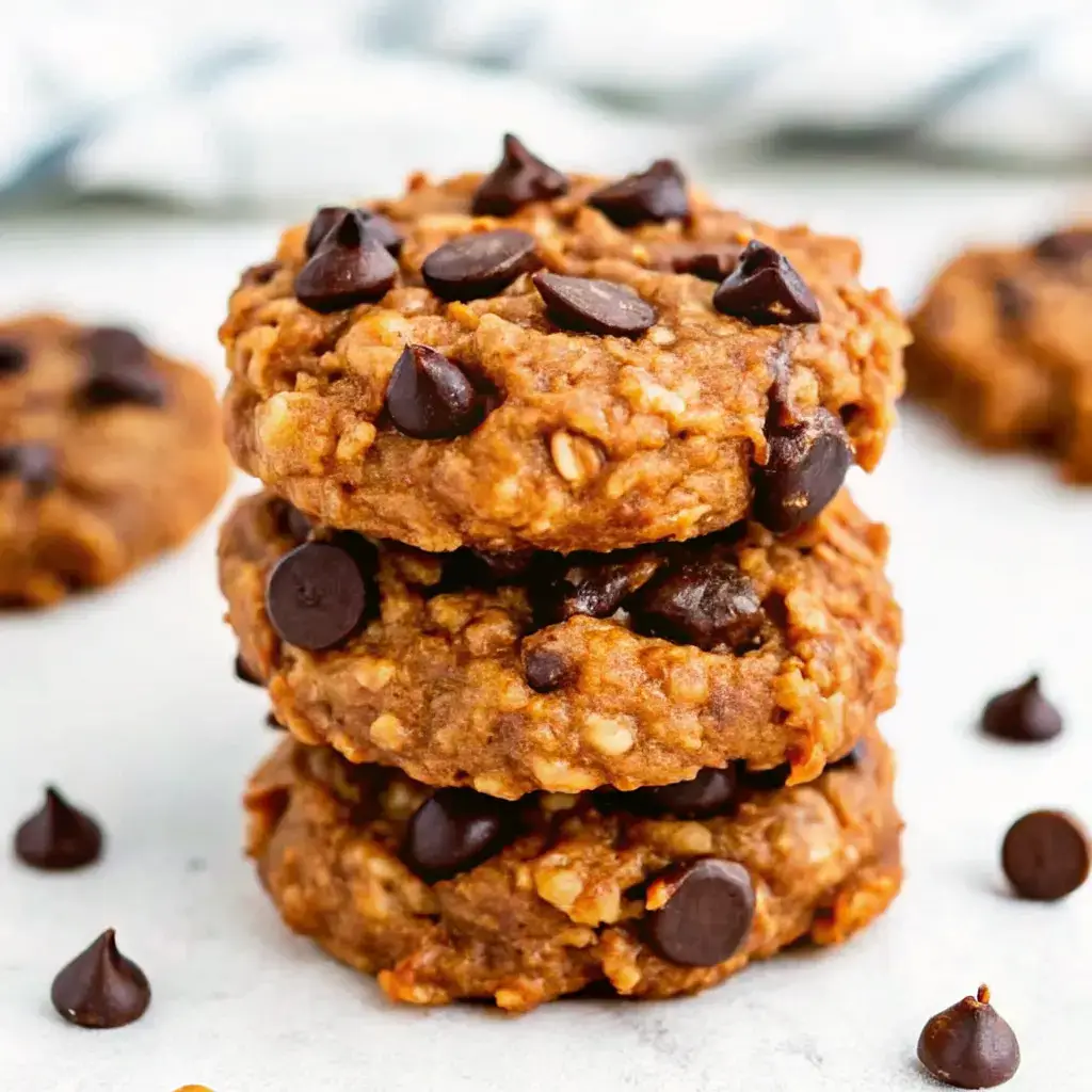 Peanut Butter and Banana Oatmeal Cookies That Are Soft & Healthy 2 Front view of chocolate chip peanut butter banana oatmeal cookies in a stack
