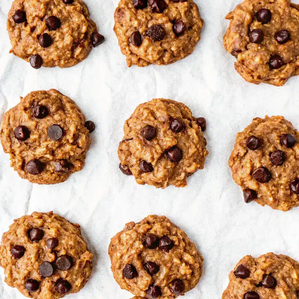 Peanut Butter and Banana Oatmeal Cookies That Are Soft & Healthy 4 Top-down view of baked banana oatmeal cookies with chocolate chips