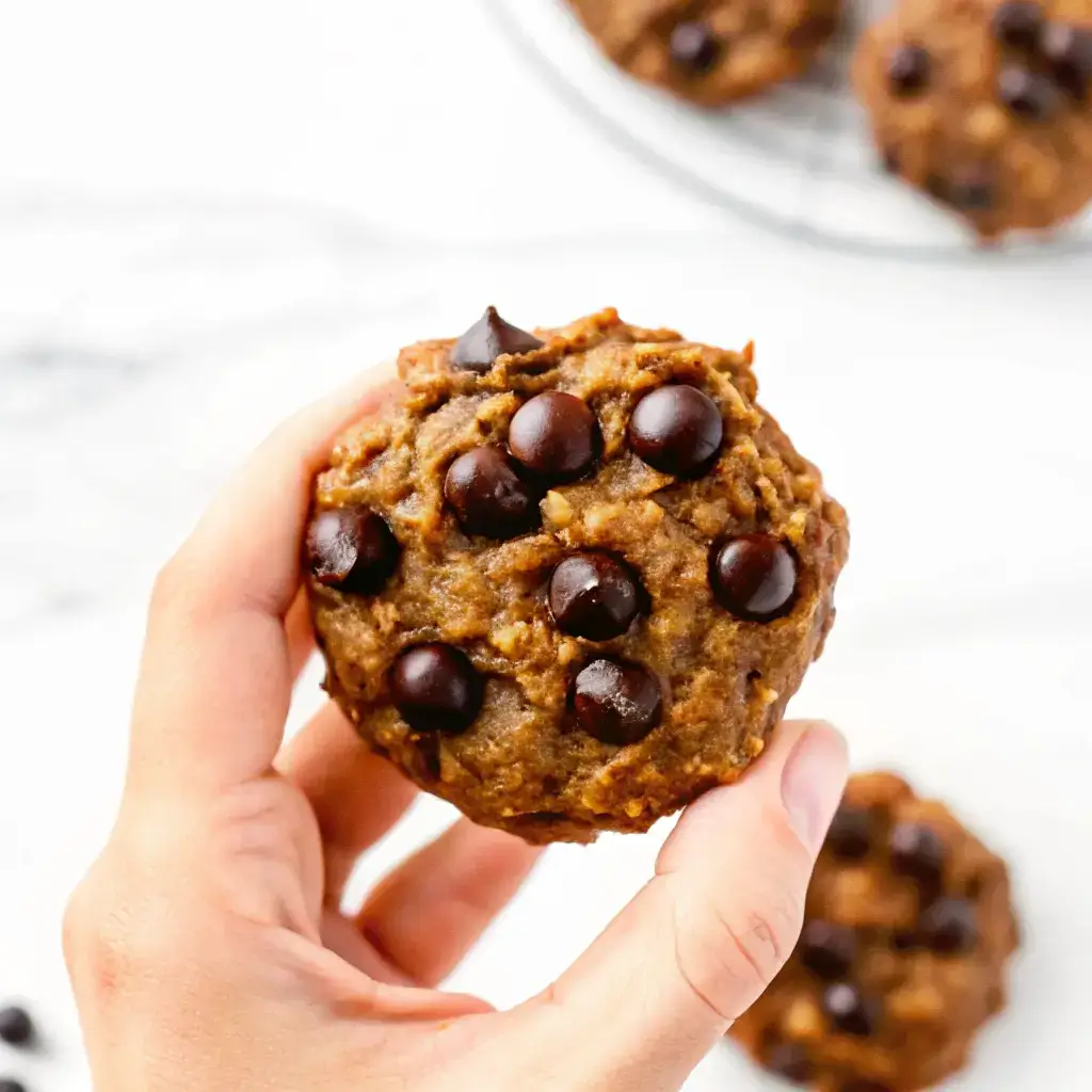 Peanut Butter and Banana Oatmeal Cookies That Are Soft & Healthy 6 Hand holding a soft and gooey peanut butter banana oatmeal cookie