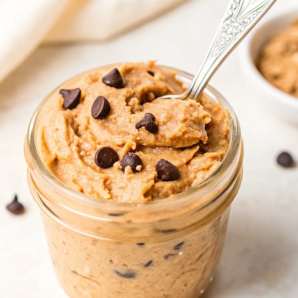 Edible Protein Cookie Dough: A Healthy, Crave-Worthy No-Bake Snack 3 Overhead view of creamy edible protein cookie dough with chocolate chips in a glass jar