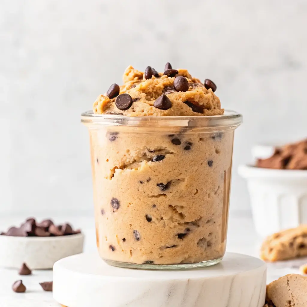 Edible Protein Cookie Dough: A Healthy, Crave-Worthy No-Bake Snack 2 Glass jar filled with thick edible protein cookie dough and chocolate chips
