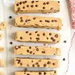 Rows of homemade protein bars filled with mini chocolate chips