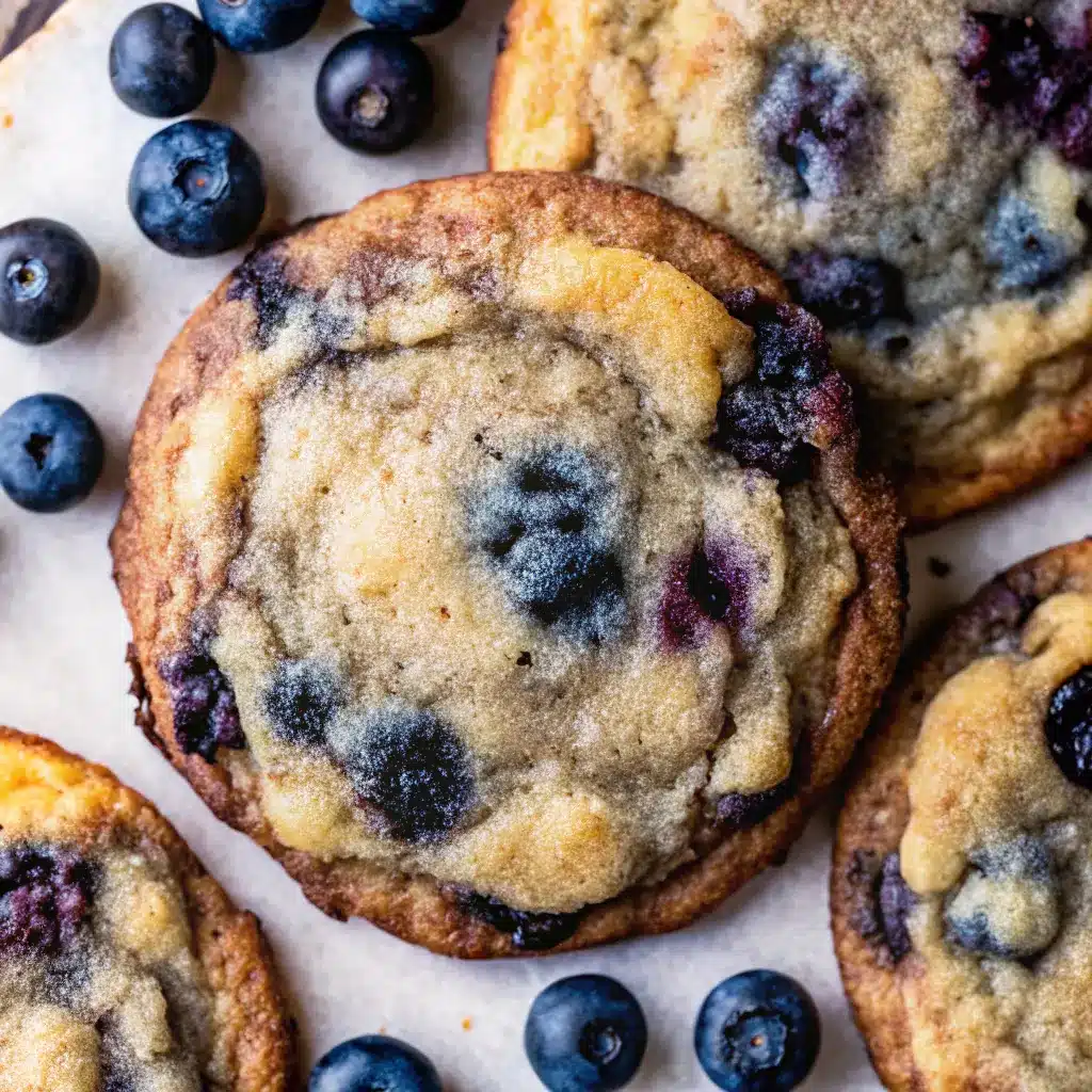Lemon Blueberry Cookies Recipe That Bursts with Fresh Flavor 3 Close-up of lemon blueberry cookies with whole blueberries on parchment
