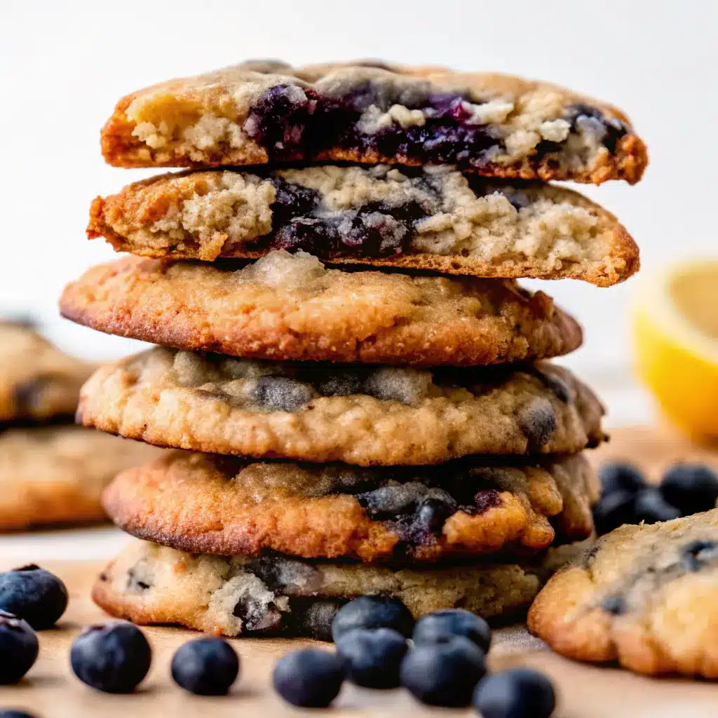 Lemon Blueberry Cookies Recipe That Bursts with Fresh Flavor 2 Stack of lemon blueberry cookies with halved cookie on top showing gooey center