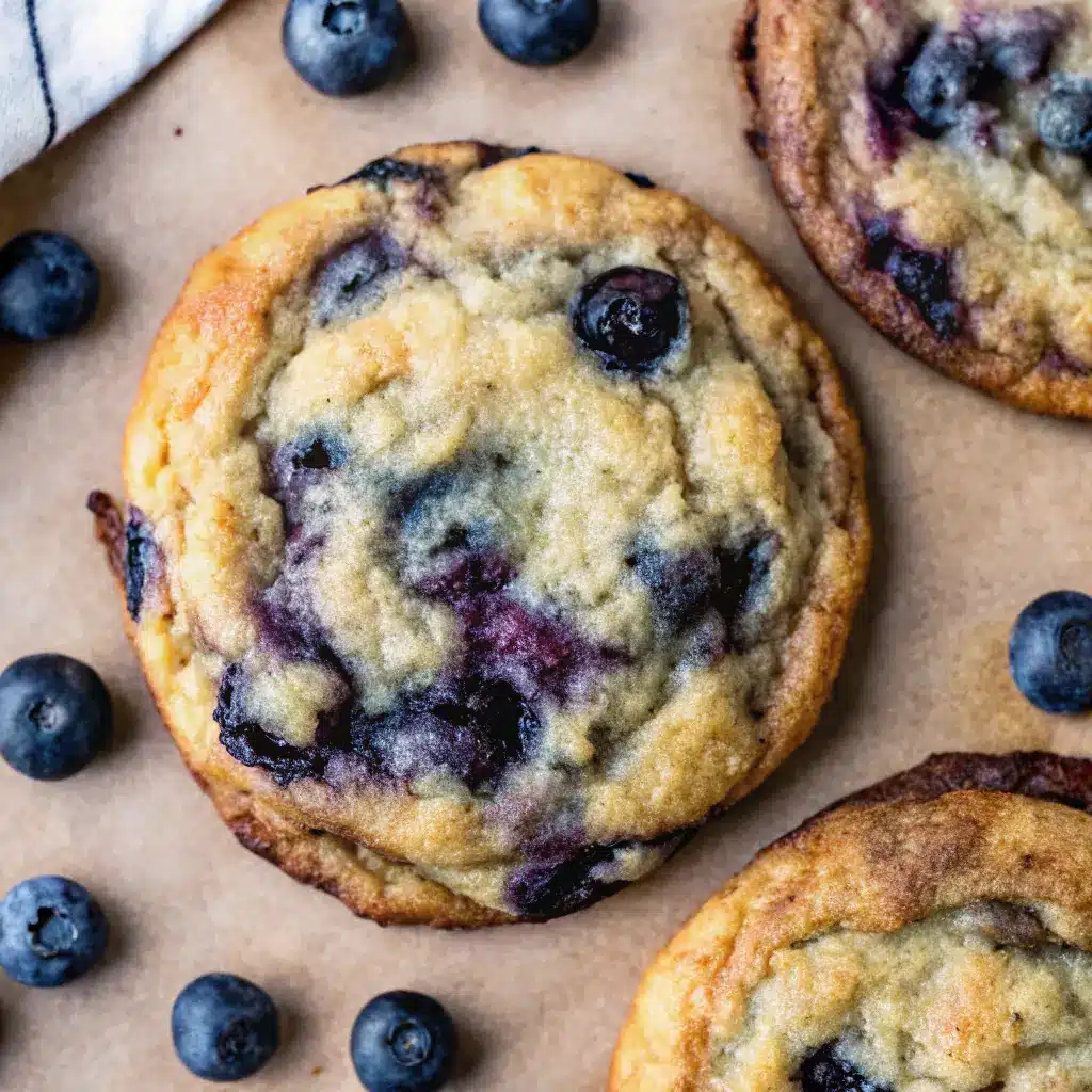 Lemon Blueberry Cookies Recipe That Bursts with Fresh Flavor 1 Freshly baked lemon blueberry cookie on brown parchment paper