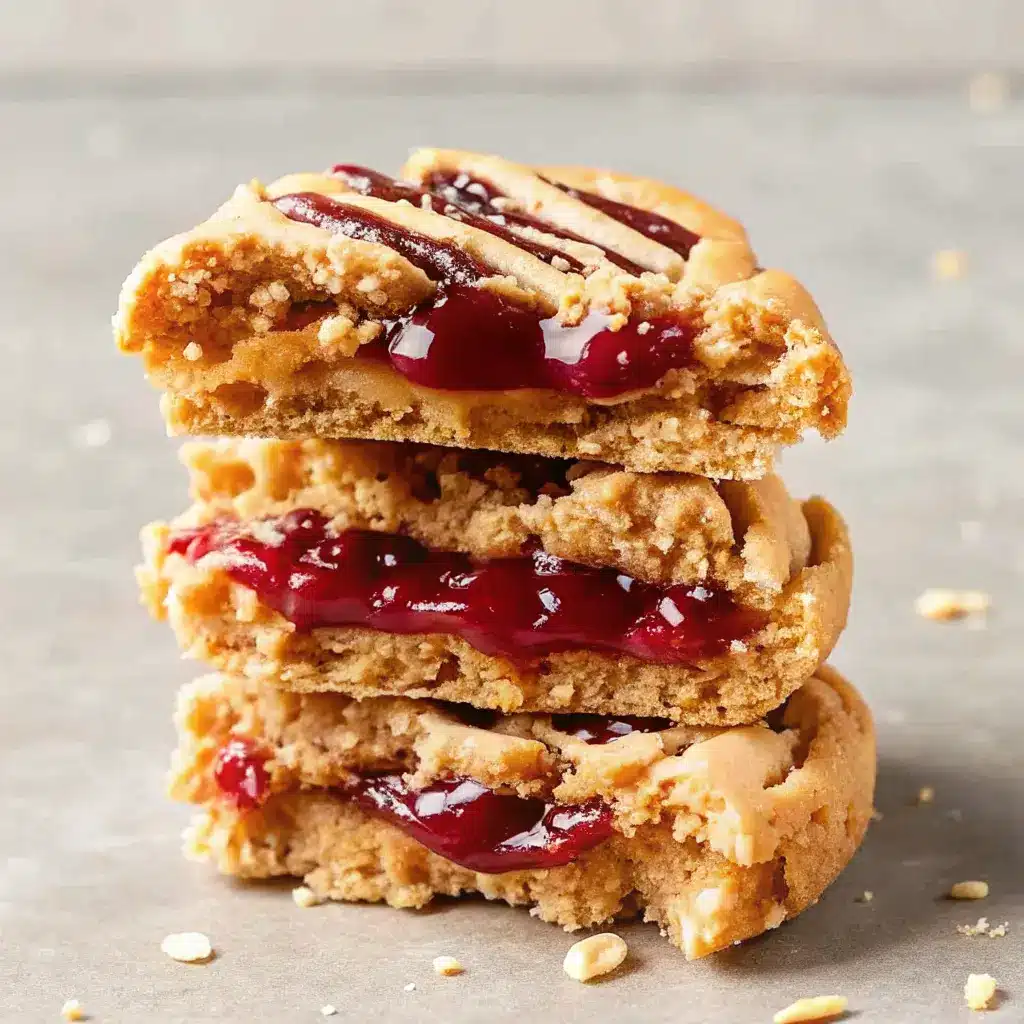 Peanut Butter and Jelly Cookies: Soft, Sweet & Nostalgic Favorite 2 Stack of peanut butter and jelly cookies showing gooey jam center