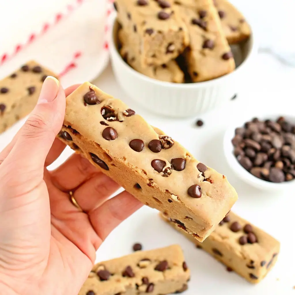 Cookie Dough Protein Bars That Taste Like Dessert and Fuel Your Goals 2 Hand holding a cookie dough protein bar loaded with chocolate chips