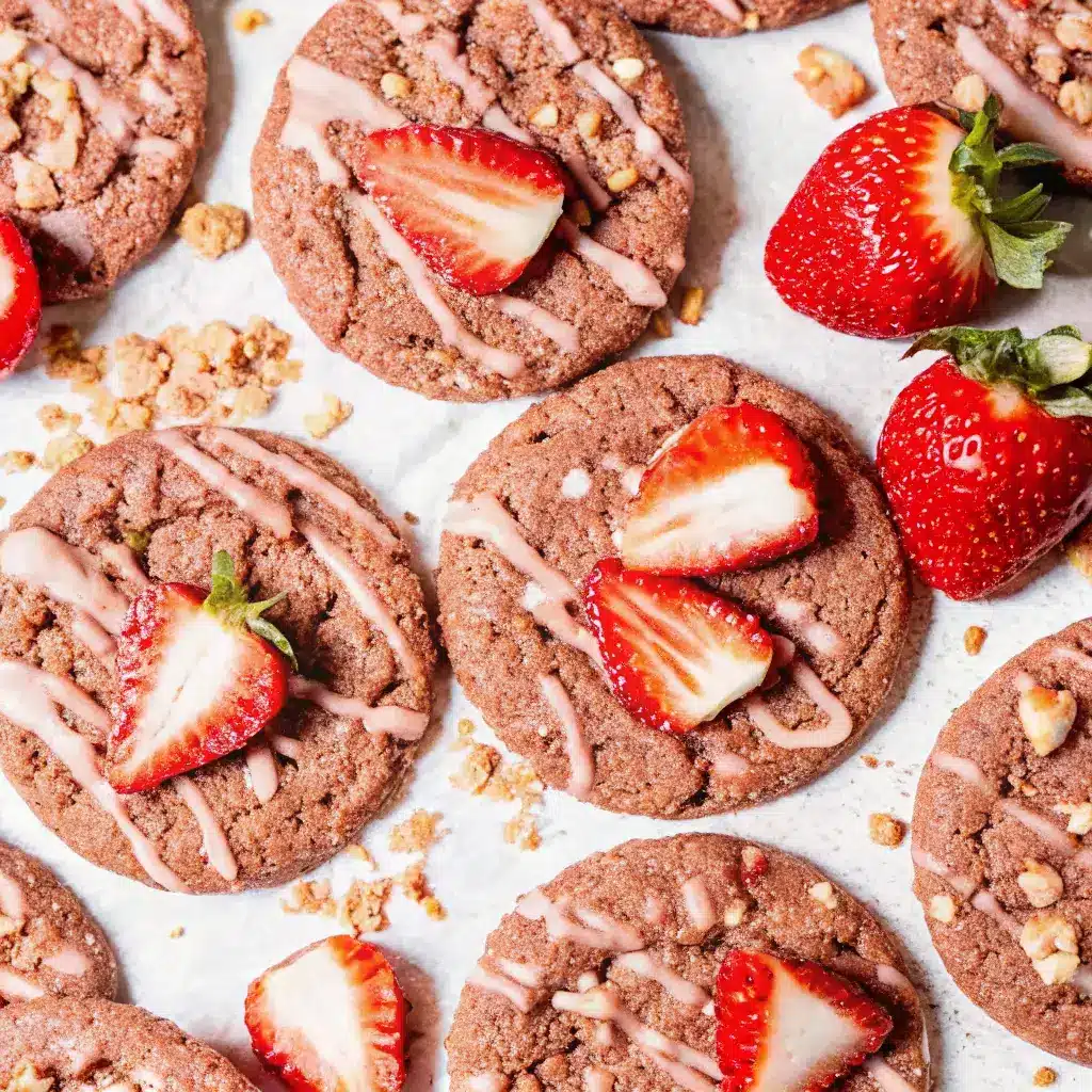Strawberry Crunch Cookies: Sweet, Crunchy, and Bursting with Flavor 2 Batch of strawberry crunch cookies with pink icing and fresh sliced strawberries