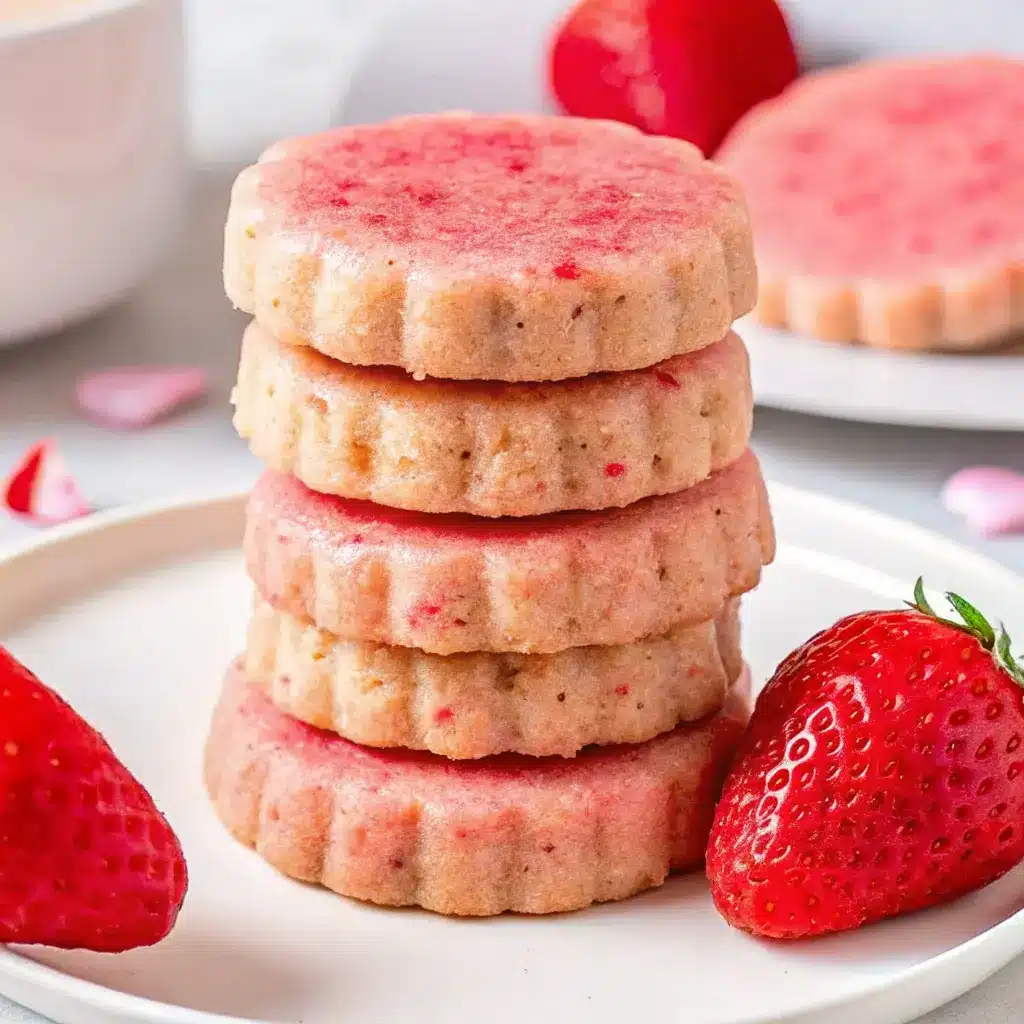 Strawberry Shortbread Cookies That Melt in Your Mouth 1 Strawberry shortbread cookies stacked on a white plate with fresh strawberries