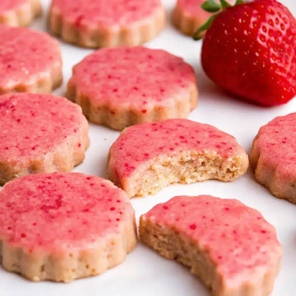Strawberry Shortbread Cookies That Melt in Your Mouth 2 Multiple strawberry shortbread cookies with a bite on a white background
