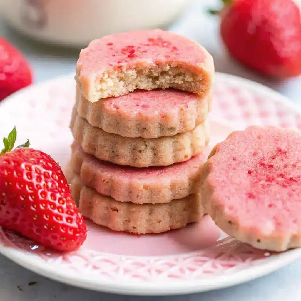 Strawberry Shortbread Cookies That Melt in Your Mouth 3 Stack of strawberry shortbread cookies with bite taken on a pink plate